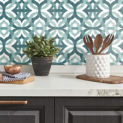 Waverly RMK11864RL Tipton Peel and Stick Wallpaper Teal and White, Teal, White, 45 x 574 cm - Image 3