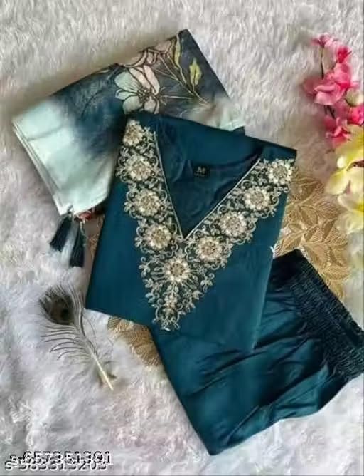 Image of Women's Chanderi Silk Kurti with Rayon Slub Pants & Dupatta | Printed Three-Quarter Sleeve Ethnic Setv Turquose