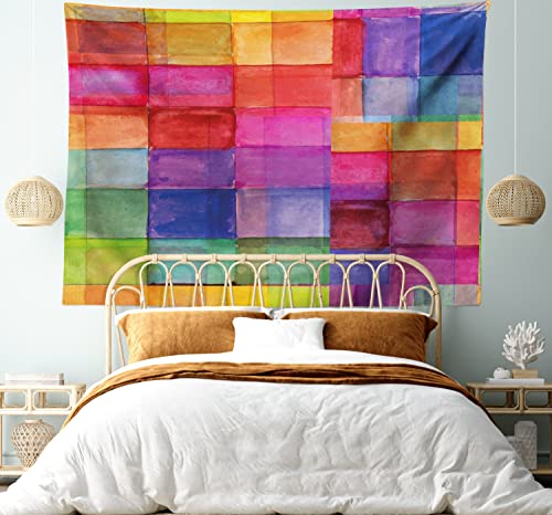 Ambesonne Abstract Tapestry Twin Size, Rainbow Colored Geometric Square Shaped Blurry Effects Watercolor Design, Wall Hanging Bedspread Bed Cover Wall Decor, Twin Size, Multicolor Magenta #TOP4