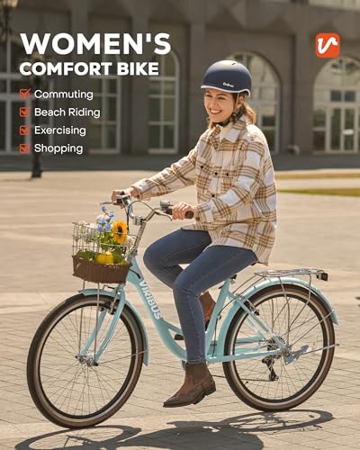 Viribus Womens Bike, 7 Speed Bike For Adults Women 24 Inch With Ratten Basket, Beach Cruiser Bike For Women, Womens Bicycle For Commuting, Step Through City Bike For Women Adults Ladies thumb #1