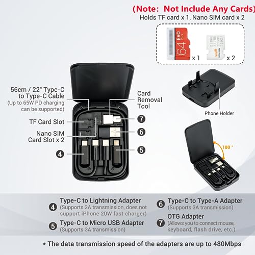 Multi-Functional Compact Cable Card With 22" Usb-C Cable & Usb-A/Micro-Usb/Light/Otg Usb Adapter Kit Cable Convertor Storage Box For Traveling Phone Pad Charging Pc Computer Data Transfer #TOP1
