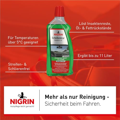 NIGRIN Scheibenklar Konzentrat 1:10 Designer Duft | 1 Liter | Reinigungszusatz für Autoscheiben und Scheinwerfer | entfernt Insekten, Öl, Fett | schlierenfrei | verhindert Streulicht | ab 5 °C