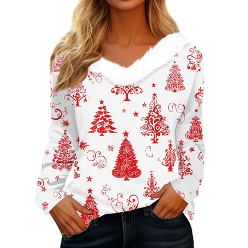 Weihnachtssweater Damen V-Neck Witzige Weihnachtsmotiv Christmas Pullover Damen Übergröße Glitzer Festliche Weihnachtskleid Langarm Elegant Jumper...