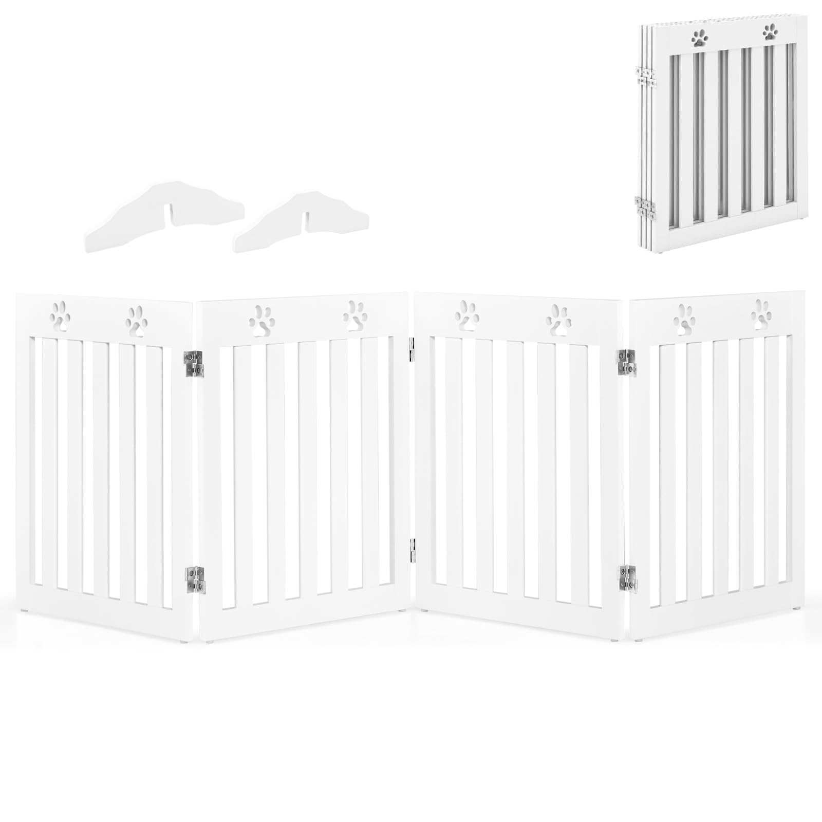 Wooden Freestanding Pet Gate, Foldable Dog Barrier with 360°Flexible Hinges and Non-slip Foot Pads, 3/4 Panel Safety Fence for Stairs (204 x 61 cm, White)