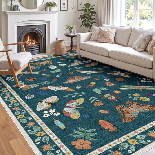 Modern Insect Print Area Rug - 6x9 Washable Living Room Rug Green Bohemian Stain Resistant Dining Room Rugs for Under Table Non Slip Soft Floor Carpet for Living Room Bedroom Nursery Classroom