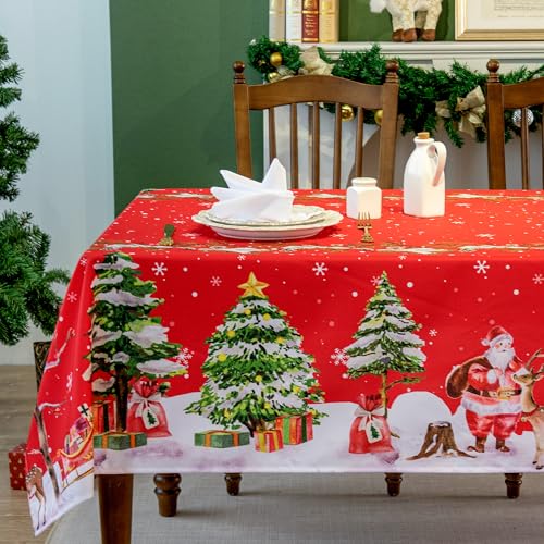 Christmas Waterproof Tablecloth – Red Holiday Table Cover with Santa Claus, Reindeer, Tree & Snowflake Design – Festive Dining Decor for Christmas Party and Home, W60 x L84 in