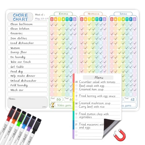 JJPRO Magnetic Chore Chart for Multiple Kids 3 Kids -14.5'x11' Family Chore Chart for Refrigerator, Behavior Chart for Fridge,Dry Erase Chore Chart for Teens