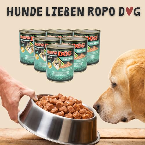 ROPODOG Hundefutter Nassfutter 6×800 g für Erwachsene Hunde Aller Rassen Premium Qualität getreidefrei, proteinreich, gut verträglich – Vollnahrung im Vorratspack (Rind & Ente)