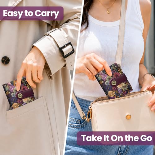 Image of Small Wallet for Women, RFID Blocking Bifold Card Holder Wallet with 10 Card Slots, Cash Compartment, Zipper Coin Pocket & ID Window, Cute Soft Vegan Leather Compact Wallet, Midnight Bloom