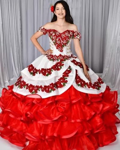 2025 Gold Embellishment Red African Flowers Embroidery 2 in 1 Ball Gown Quinceanera Dresses Off Shoulder Prom Sweet 15 163
