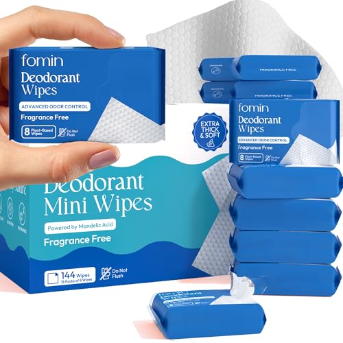 Image of FOMIN Acidified Mini Deodorant Travel Wipes - 144 Count Fragrance Free | pH Balanced, Biodegradable Mini Deodorant Wipes - Plastic-Free Underarm & Body Wipes for Women & Men - Fits Any Bag