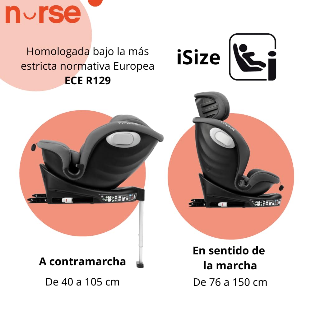 Nurse Titane Silla de Coche i-Size 40–150 cm, 360º, ISOFIX y Pata de Apoyo, A Contramarcha y Cara Marcha, Protección Lateral, Gris - 3