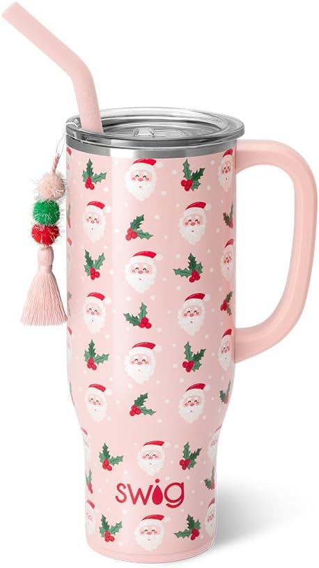 Swig Life 30oz Mega Mug, 30oz Tumbler with Handle and Straw, Large Insulated Tumblers, Cup Holder Friendly Travel Mug, Stainless Steel 30 oz Tumbler, Reusable Insulated Water Bottle (Holly Jolly)