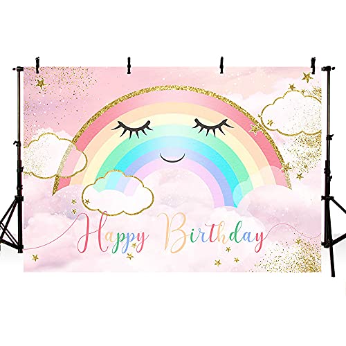 pies arco iris bebé niña cumpleaños telones pastel colorido nube oro estrellas cielo rosa ellos partido decoración princesa fotografía accesorios pastel smash fondo foto estudio Cover