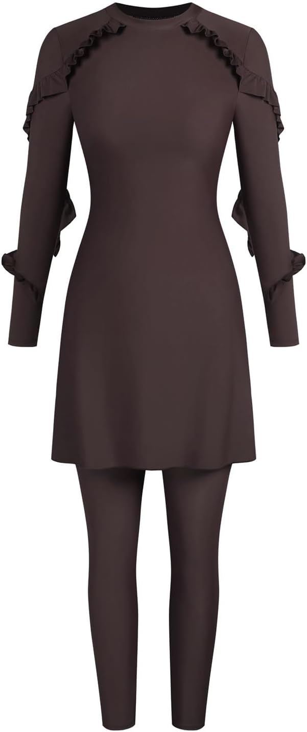 ZAFUL Women Modest Muslim Swimsuits Ruffle Full Coverage Islamic Arabic Burkini 2 Pieces Bathing Suit Brown L