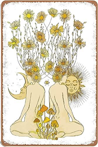 KONMPFEY Moon and Sun Tin Sign,Hippie Mushroom Decor Vintage Retro Tin Sign Art Home Decoration for Living Room Shop Wall Decor 8x12inch