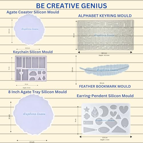 Image of Exploralearn Complete Resin Art Kit -8 inch Plate, DIY Alphabet, Earring, Keychain, Pendant, Coaster and Bookmark with Epoxy Resin and Silicone Moulds - Comprehensive Resin Art Materials - Mica, Glitters, Pigment, Dried flowers and Flakes