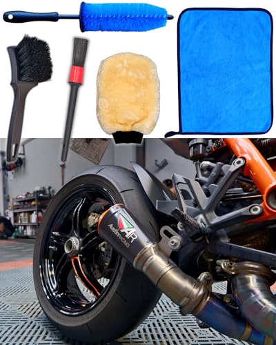 oesee Motorcycle Cleaning Brush Kit, Easy Reach Brush, Wool Wash Mitt, Stiff Tire Brush, Detailing Brush& Microfiber Towel for Motorcycle Mudguard, Rims, Paint, Exhaust