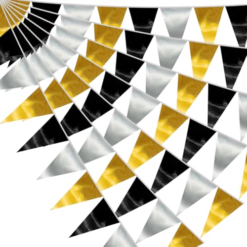 Image of 40M /130FT Black Gold Silver Triangle Pennant Banner Flag Metallic Fabric Bunting Garland for Christmas Wall Hanging,Graduation Decorations, New Years Decorations,Father' Da