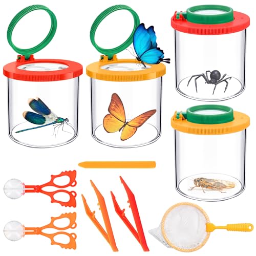Forbabe 10 Stück Becherlupe Lupenbecher Set Insekten Viewer für 3-Fach und 6-Fach mit Pinzette Clip Ahle und Käscher für Outdoor Wissenschaft Natur Erkundung