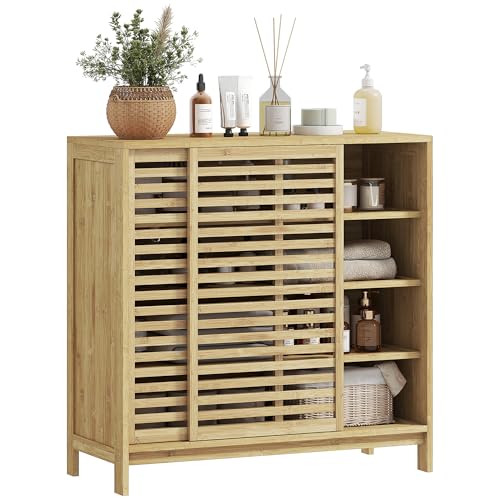 HOMCOM Armario de Baño de Bambú Mueble de Baño con 2 Puertas Correderas Diseño con Lamas 4 Estantes Mueble Auxiliar de Almacenaje para Cocina Salón 80x34x80 cm Natural