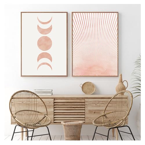 Tableau Abstrait Bohème Soleil Lune de Style Moderne Milieu Siècle - Toile 60x70cm 2 PCS