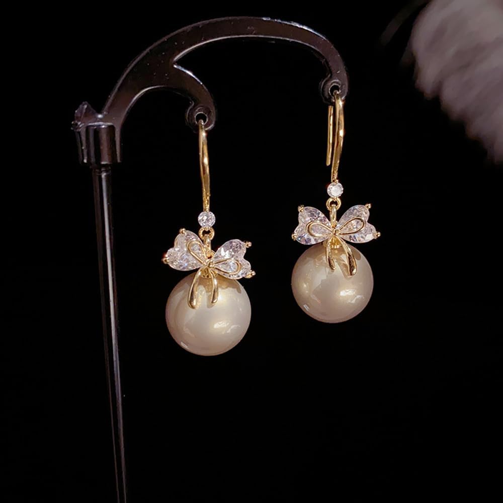 MIKAMU 14K Gold Ribbon Bow Earrings for Women CZ cubic zirconia Gold Plated Pearl Ear hook for Women Jewelry - Image 6