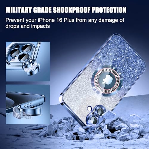Image of Misscase for iPhone 16 Plus Magnetic Glitter Case Compatible with MagSafe,Full Protection Slim Shockproof Anti-Scratch Case with Camera Lens Protector Logo View Dust-Proof Net for Women Blue