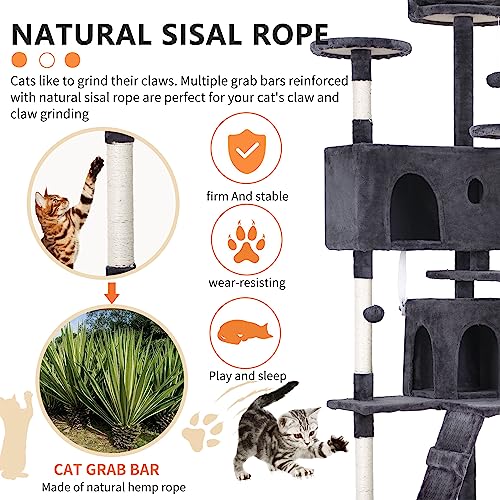 Image of BestPet | 70 inch Cat Tree Tower | Ashy | Sturdy, Easy to Assemble, Multi-Level Activity Center with Sisal Scratching Posts, Condos, Perches, Hanging Cat Toys, Observation Decks & Ladder