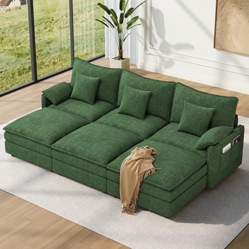 Image of Vesgantti 108 inch Sectional Sleeper Sofa, 6-Seater Oversized Modular Cloud Couch with Movable Ottoman, Chenille Large Sofa Bed Convertible Deep Seat Couches for Living Room, Bedroom and Apartment, Green