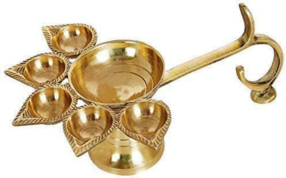 SAI MART Brass 4.5 inch Panchmukhi Deepak Aarti Oil Lamp Hindu Puja Five Face Jyoti Diya Stand for Pooja Mandir Decorative