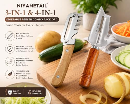 Image of 2-Piece Multifunctional Vegetable Peeler with Ergonomic Wooden Handle, Heavy Duty Stainless Steel 3-in-1 & 4-in-1 Kitchen Tool with Scallion Shredder & Built-in Bottle Opener for Home Cooking