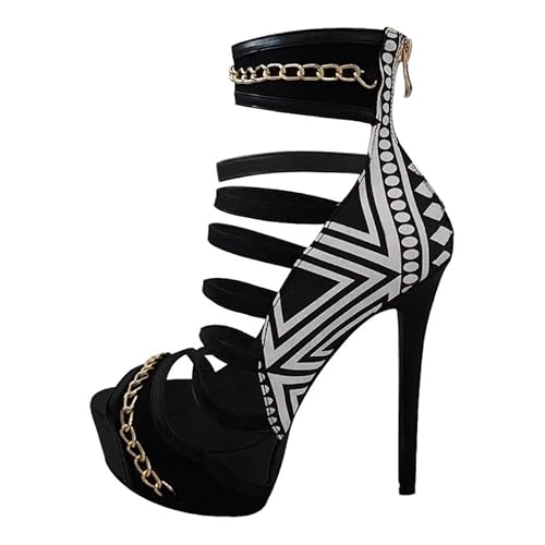 MissHeel Fashion Gladiator Metal Chains Ankle Boots for Women Peep Toe Zip up Stiletto Heeled Platform Sandal Boots for Party Wearing Black Size 12