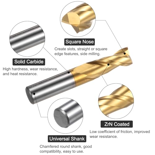 Image of uxcell Carbide Square End Mill, 1 /2 inch Diameter ZrN Coated 2 Flutes Milling Bit Cutter, for Aluminum Copper Non-Ferrous Alloy Metal, 1 /2 inch Shank 1-1 /4 inch Cut Length 3 inch Long