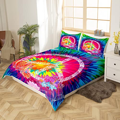 Feelyou Boho Hippie Psychedelic Flowers Duvet Cover Set Twin Size Colorful Peace Sign Bedding Set For Boys Girls Decorative Rainbow Tie Dye Comforter Cover With 1 Pillow Shams, 2Pcs, Zipper #TOP1