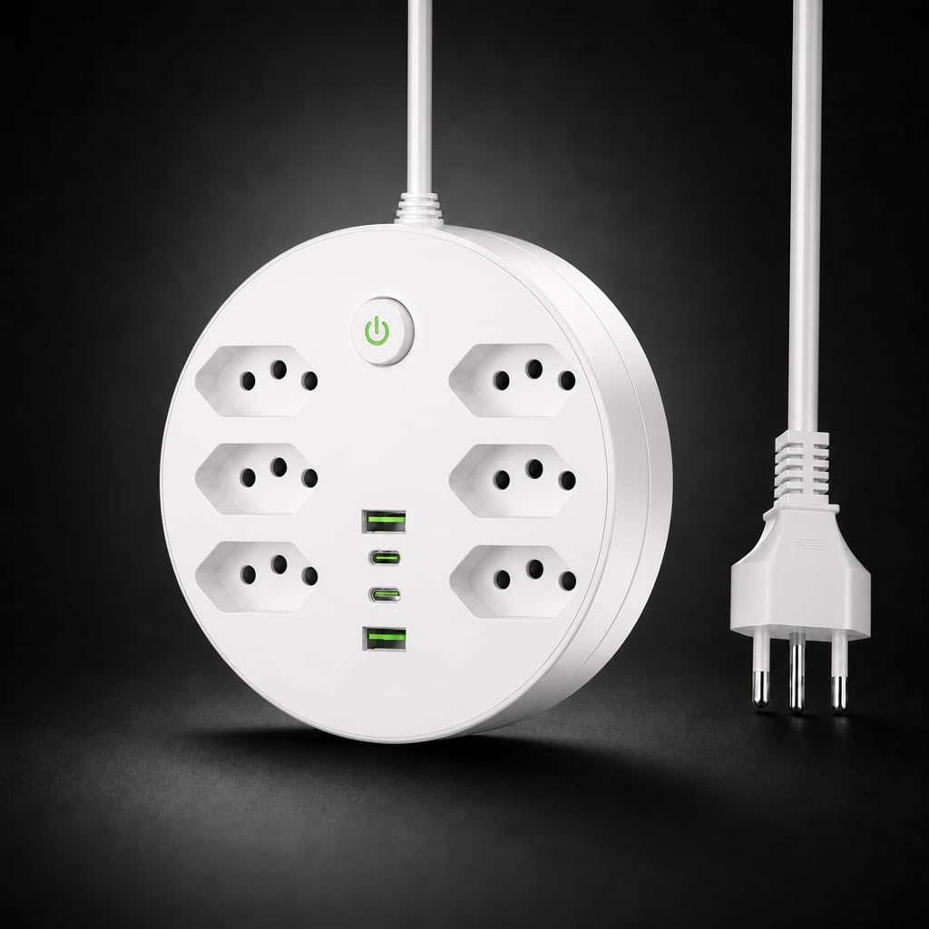 Extensão Elétrica Redonda Bivolt com 6 Tomadas 10A + 4 Portas USB (2 USB-A + 2 USB-C),