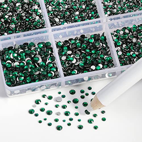 Image of Beadsland 7200pcs Flatback Rhinestones,Green Rhinestone Nail Gems Round Crystal Rhinestones for Crafts,Mixed 6 Sizes with Wax Pencil Kit, SS3-SS10,Emerald | Glass Nail Gems, Round Crystal, With Wax Pencil Kit, SS3-SS10,Dark Green