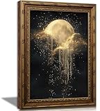 Vintage Gold Framed Moon Cloud Wall Art, Dark Academia Sky Canvas Print