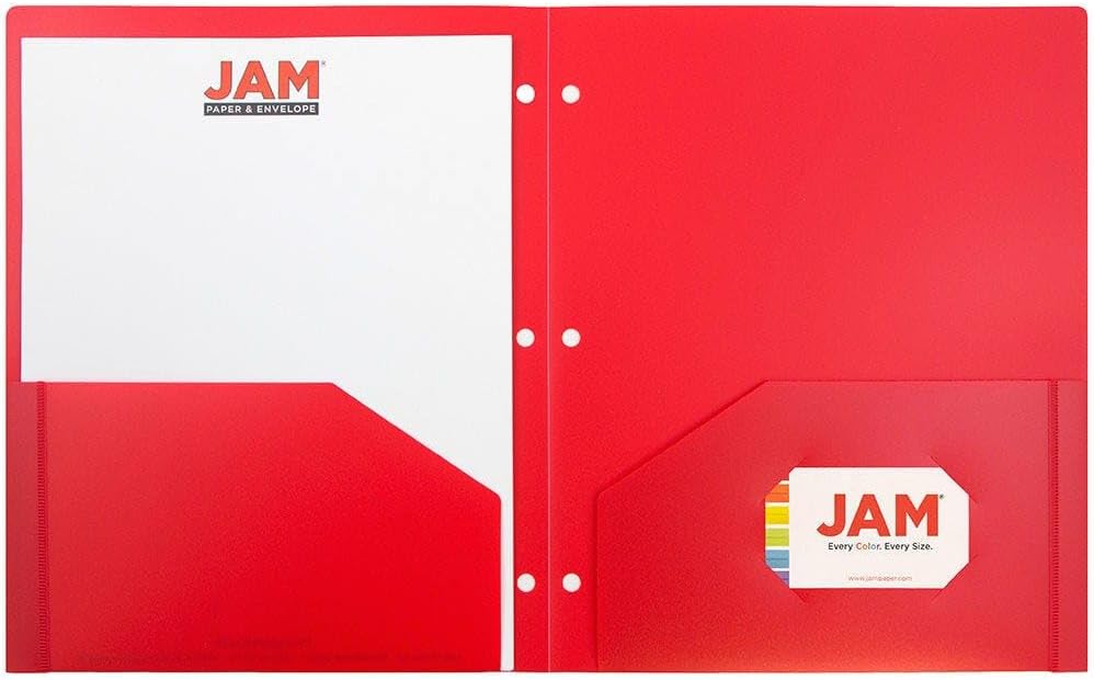 JAM PAPER Heavy Duty Plastic 3 Hole Punch Pocket Folders - Extra Tough School Folders - Red - Bulk 48/Pack