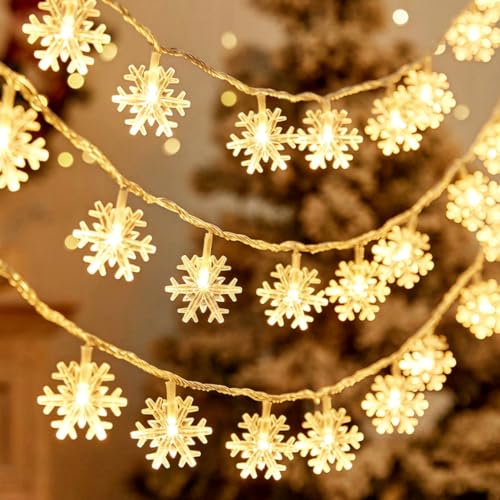 CESOF Christmas Decorations Lights 20 Ft 40 LED Snowflake String Lights Battery Operated Fairy Lights for Bedroom Room Party Home Office Xmas Decor Indoor Outdoor Tree Decorations Warm White