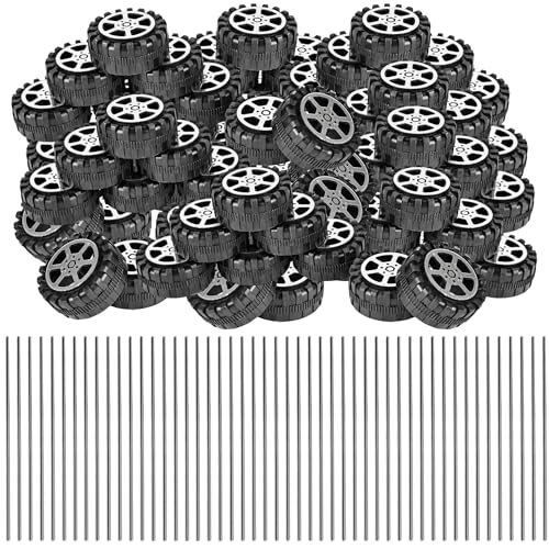 Cotiny 64 Pcs Toy Wheels and Axles Set Plastic Car Tires Building Kit for Hobbyists DIY Model Toy Building Projects