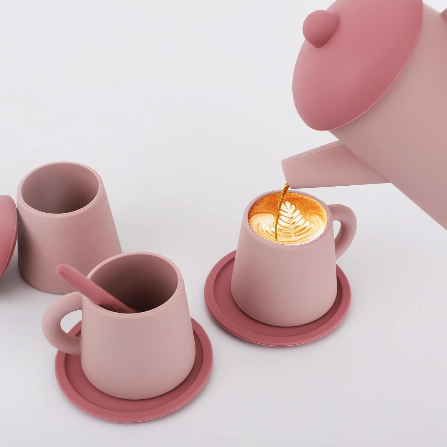 Silicone Tea Party Set, BPA Free Cute Toddler Party Bath Toy Set for Kids Pretend Play for Little Girls Kitchen Accessories (Pink)