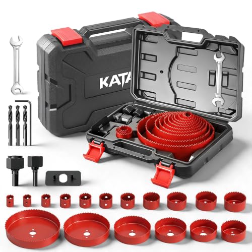 Image of KATA 25 PCS Hole Saw Kit with 3 /4 inch-6 inch for Soft Wood, Drywall, Plastic, Red | Carbon Steel Hole Saw Set with Wrench, Mandrels, Hex Key, Multi-Size Hole Cutter Drill Bit for Plywood & Wood Home Use