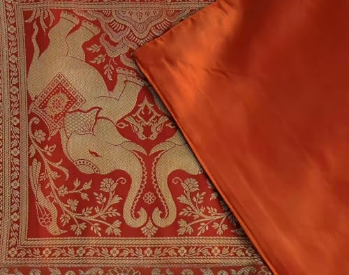 Image of Decorative Handmade Silk Table Runner Golen Brocade Dinning Table & Centre Table Top Decor Rectangular Runners Bed Runners Table Cloth for Wedding (152 X 40 CM ) (Orange Elephant)