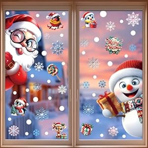 Decoración de Navidad para ventana, 55 calcomanías decorativas estáticas, 2 hojas, calcomanías de vidrio de doble cara, calcomanías de decoración de dibujos animados para interiores