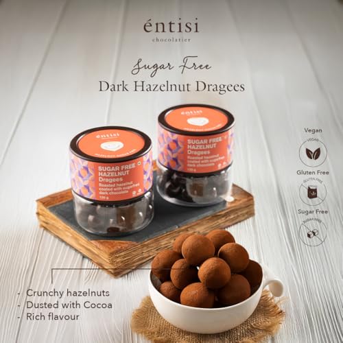 Image of Entisi Nutties Chocolates - Sugar Free Dark Hazelnut Chocolate Coated Dragees Jar - No Added Sugar - Keto Friendly Chocolate Snack - Gift Jar, Ideal for Gifting, Celebrations & Everyday Treats 120g