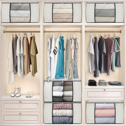 Image of Fab totes 24 Gallons Clothes Storage, Foldable Thick Fabric Blanket Storage Bags, Containers for Organizing Bedroom, Closet, Clothing, Comforter, Organization with Handle (8 Pack,Ivory)