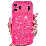 Svanove Glitter Case for iPhone 17 Pro Max Phone Case Magnetic Compatible with Magsafe, Sparkle Bling Shiny Sparkly Cute Girly Design, Trendy Aesthetic Hard Mag Cover for Women Girls, Neon Hot Pink