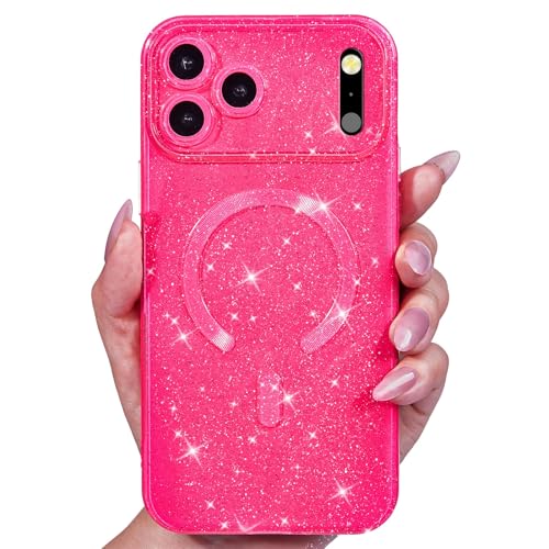 Svanove Glitter Case for iPhone 17 Pro Max Phone Case Magnetic Compatible with Magsafe, Sparkle Bling Shiny Sparkly Cute Girly Design, Trendy Aesthetic Hard Mag Cover for Women Girls, Neon Hot Pink