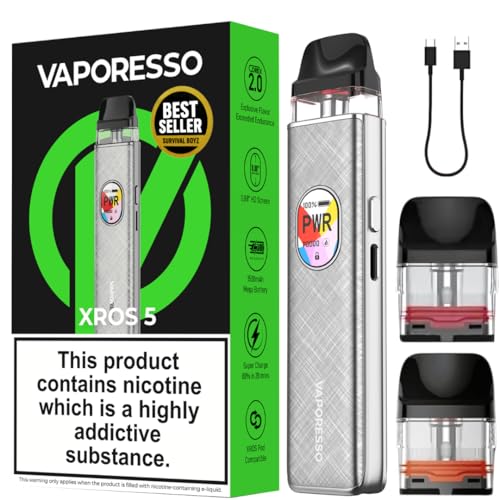 Vaporesso XROS 5 Vape Kit [Grey Silk] 1500mAh Mega Battery Fast Charge in 20 Min Anti-Leak Tech 0.88 Display Includes 2 Pods (0.6 + 0.8) 14 Available Colours No Nicotine